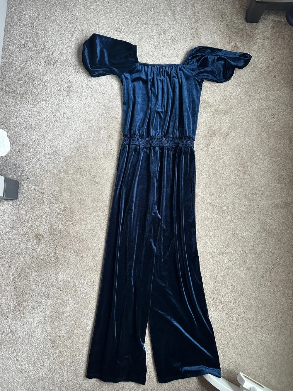Old Navy Navy Velvet Puff-Sleeve Jumpsuit